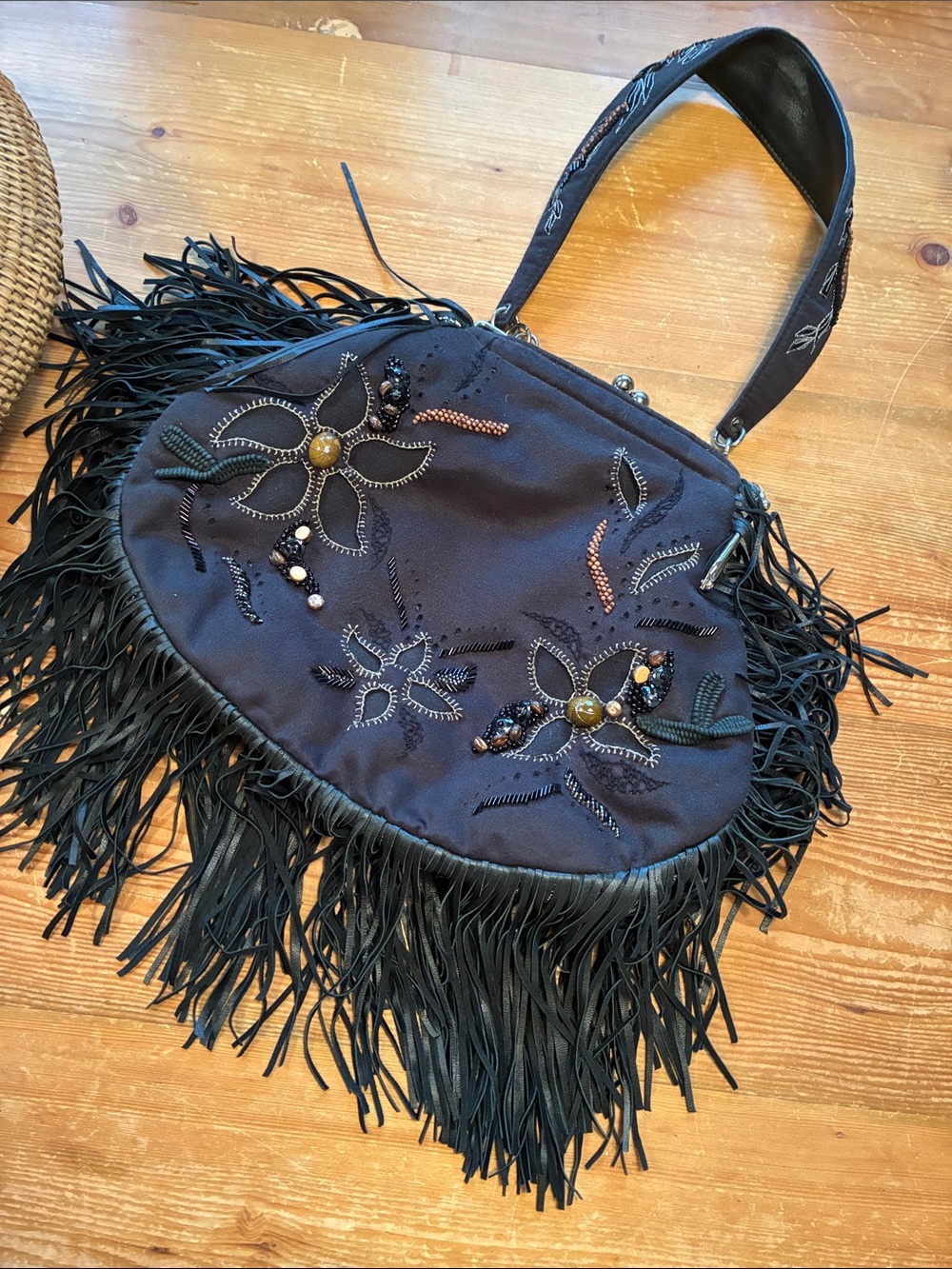 Mary Frances Black Beaded Leather Fringe Kisslock Shoulder Bag - For Repair